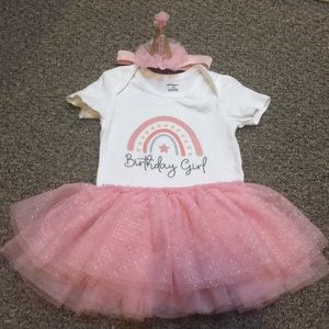 Birthday girl outfit - one - first - onesie, skirt, hat headband - boho rainbow